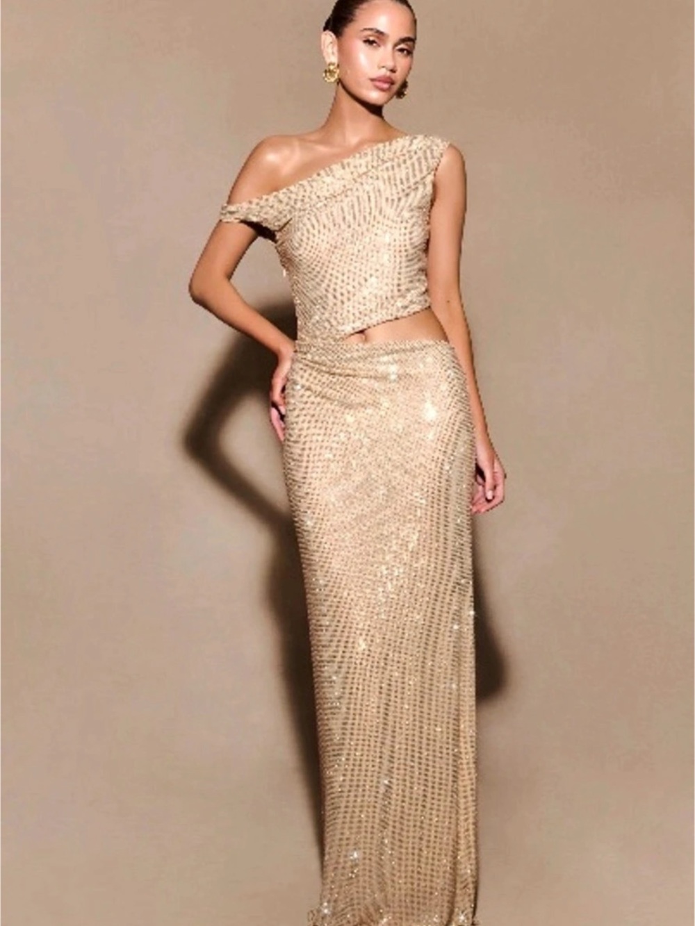 Meshki Kenny Diamante One Shoulder Maxi Dress - Gold